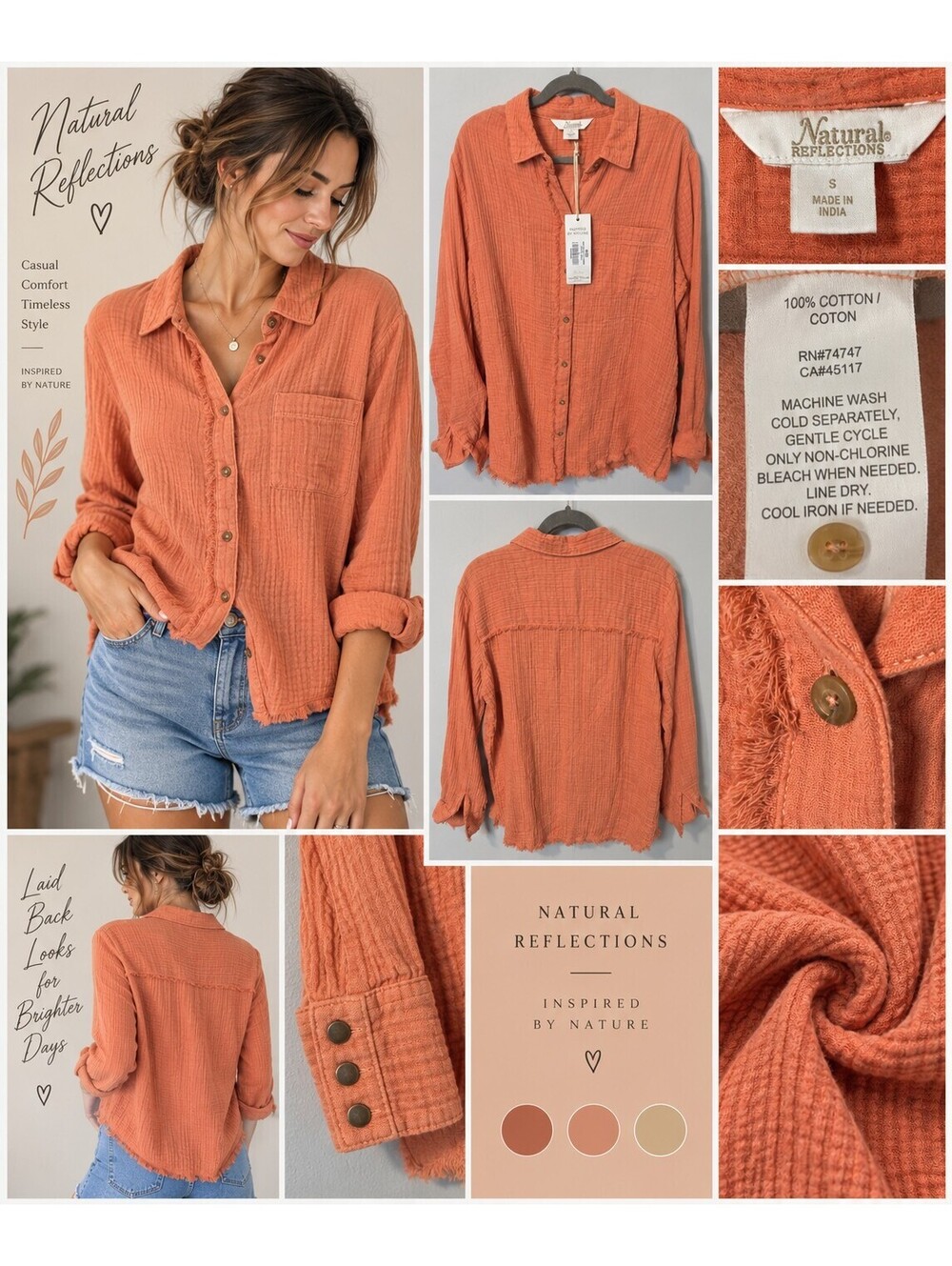 Natural Reflections Orange Button Front Shirt size small